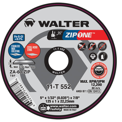 Zip One Cut-Off Wheel, 5" x 1/32", 7/8" Arbor, Type 1, Zirconia Alumina, 12200 RPM FMT Sales Ltd