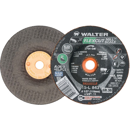 FLEXCUT MILL SCALE Grinding Wheel, 4-1/2", 36 Grit, Aluminum Oxide, 5/8"-11, 13300 RPM, Type 29 FMT Sales Ltd