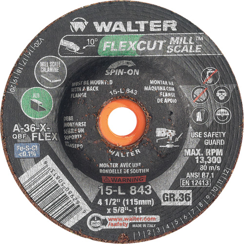 FLEXCUT MILL SCALE Grinding Wheel, 4-1/2", 36 Grit, Aluminum Oxide, 5/8"-11, 13300 RPM, Type 29 FMT Sales Ltd