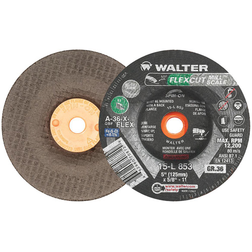 FLEXCUT MILL SCALE Grinding Wheel, 5", 36 Grit, Aluminum Oxide, 5/8"-11, 12200 RPM, Type 29 FMT Sales Ltd