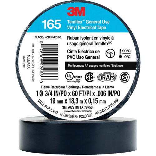 Temflex General Use Vinyl Electrical Tape 165, 19 mm (3/4") x 18 M (60'), Black, 6 mils FMT Sales Ltd