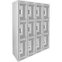 Clean Line Lockers, 3 -tier, Bank of 4, 48" x 12" x 72", Steel, Grey, Rivet (Assembled), Perforated FMT Sales Ltd