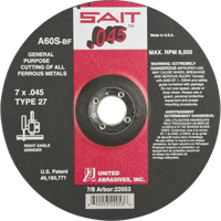 Depressed Center Cut-Off Wheel, 7" x 0.045", 7/8" Arbor, Type 27, Aluminum Oxide, 8500 RPM FMT Sales Ltd